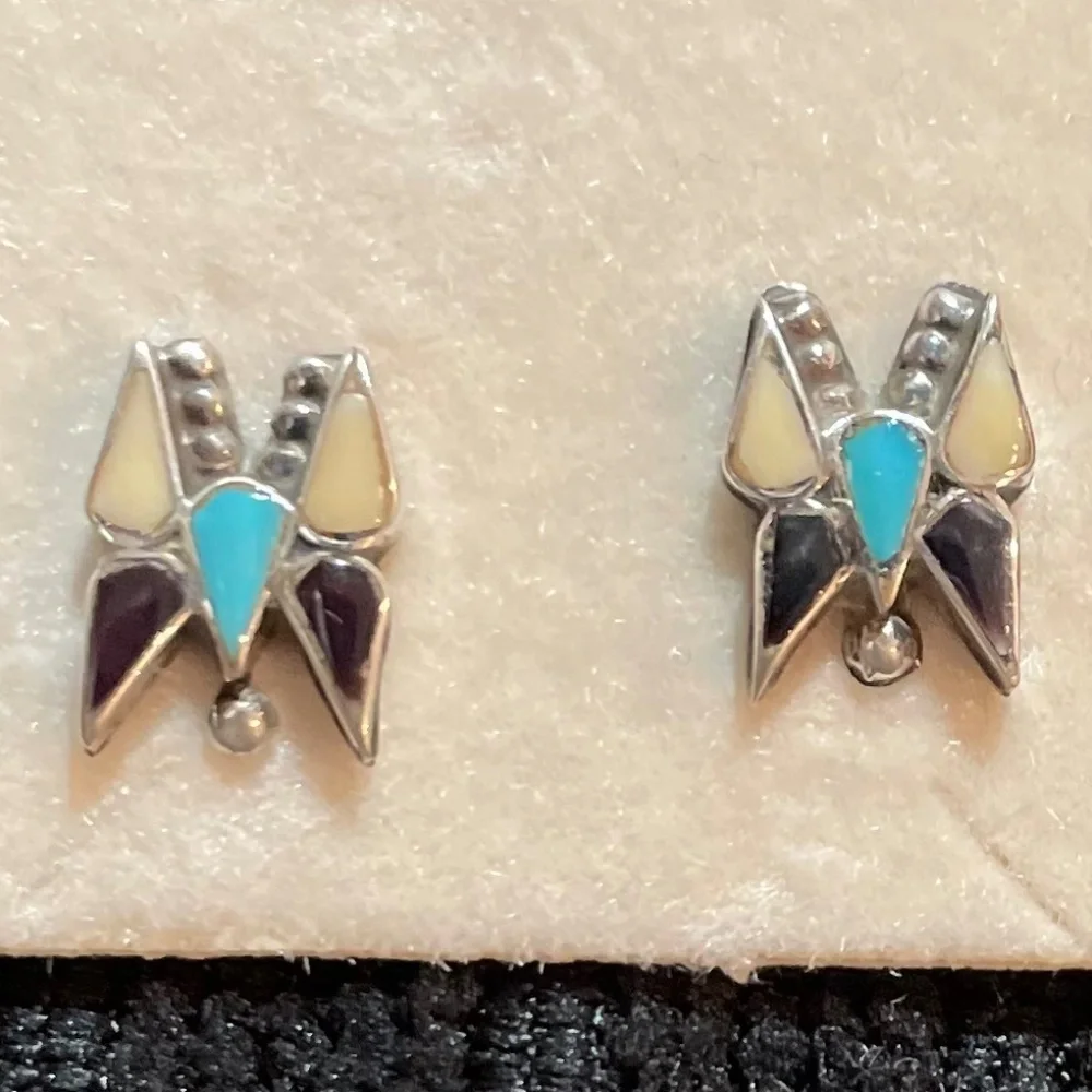 Vintage Zuni Silver Inlay Turquoise/Onyx/Mother of Pearl Butterfly Earrings - Picture 2 of 6